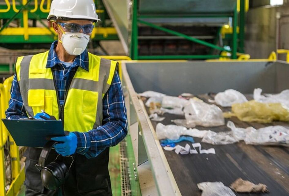 A man in a hard hat, high vis jacket, protective gloves and face mask surveys a recycling centre.