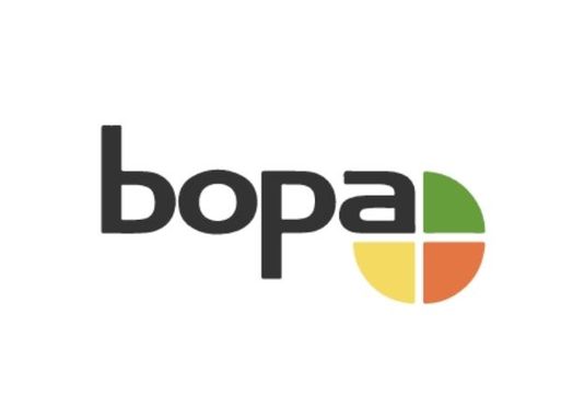The BOPA logo, showing black lowercase text that reads "BOPA". Three quarter circles form a circle around the last A in "BOPA".