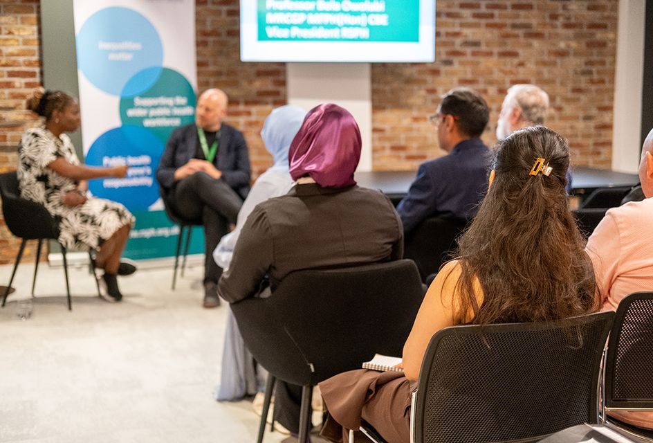 RSPH Chief Executive William Roberts and Vice President Bola Owolabi speaking at an RSPH event