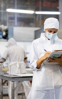 A woman in a white apron, hat and face mask takes notes on a clipboard in a facotyr.