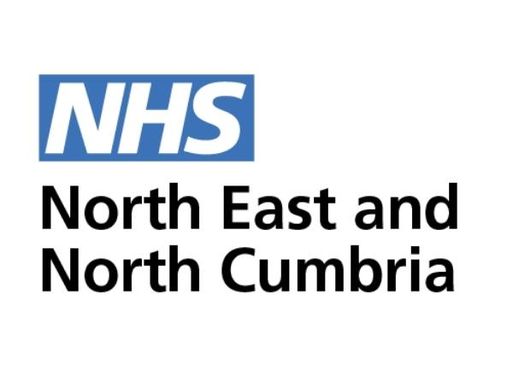 A logo showing "NHS" in white text on a blue background, with black text underneath reading "North East and North Cumbria".