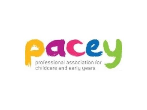 A logo that says "Pacey" in yellow, purple, pink, blue and green with grey text underneath that reads "professional association for childcare and early years".