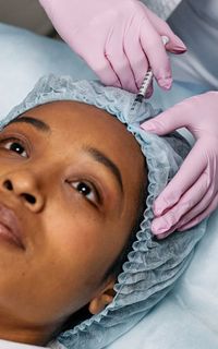A medical practitioner with surgical gloves injects a syringe of botox into a young black woman's face.