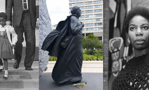 Triptych image: Left shows a young school girl in a dress holding books, centre features a statue of Mary seacole in front of urban buildings, right portrays Nina Simone.