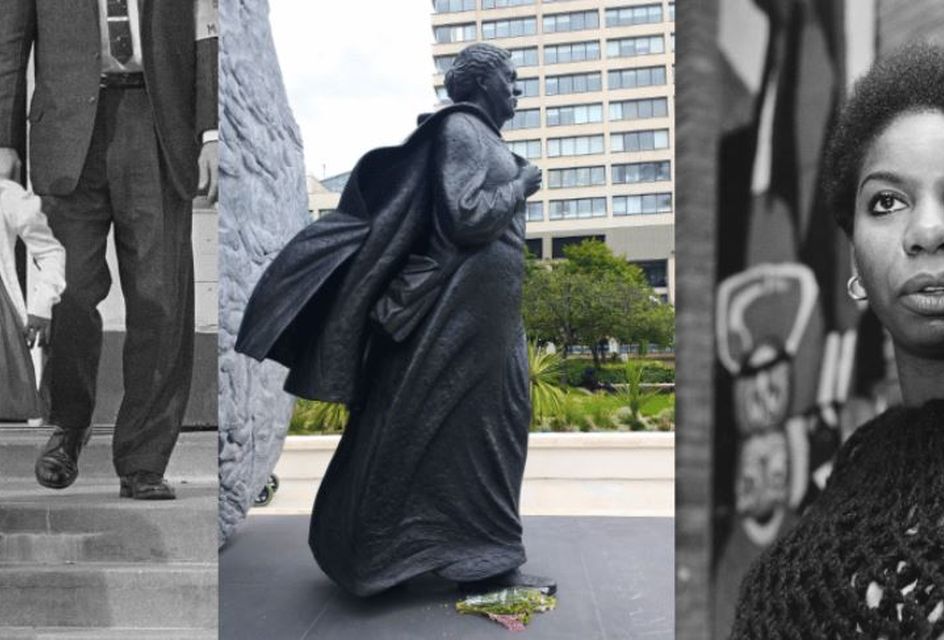 Triptych image: Left shows a young school girl in a dress holding books, centre features a statue of Mary seacole in front of urban buildings, right portrays Nina Simone.