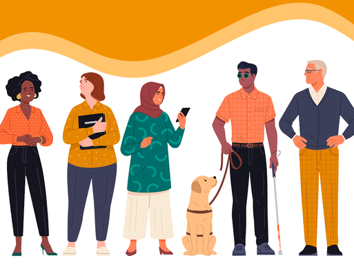 A cartoon drawing of a group of different people with an orange swirly banner on top.